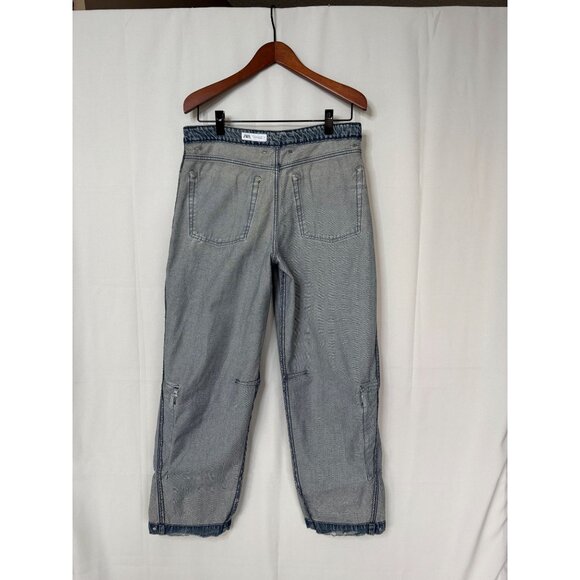 Zara Med Blue 100% Cotton Denim Cargo Wide Leg Button Jogger Cuff Jeans Size 10 - Picture 15 of 17